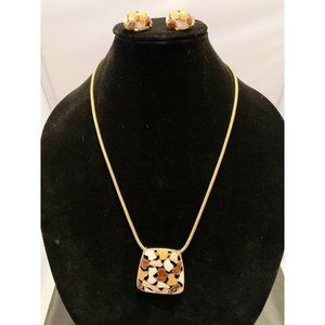 Vintage Cream Taupe Brown Enameled Pendant Necklace Earring Set